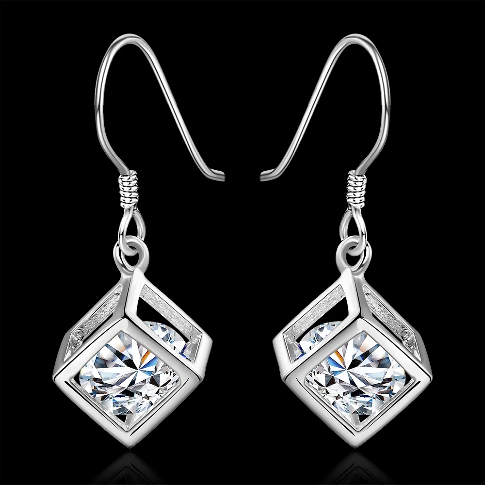 Hollow Cube W/ Aaa Cz Zirconia 925 stamp silver color Drop Dangle Threader Through Earrings For Women Girls Fine Jewelry Aros