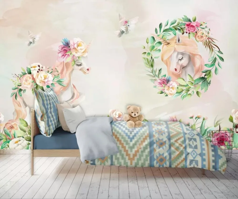 

Lovely children's background wall pony hand painted fresh Nordic