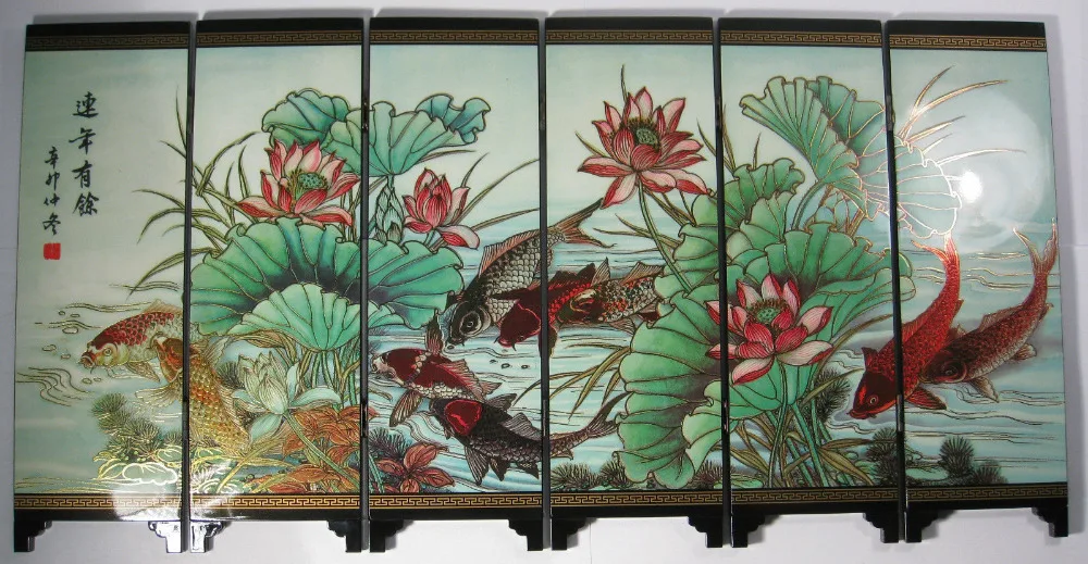 Desk decorative chinese fish and lotus 6 panel folding screen