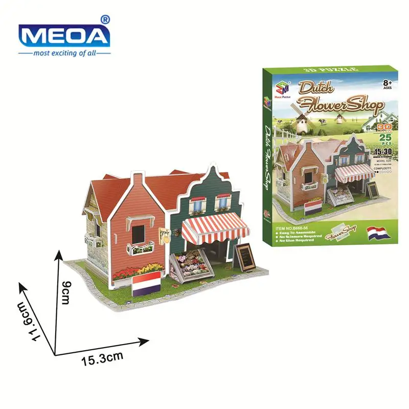 Cardboard 3D Puzzle Toy Dutch Style Flower Shop Model European Architecture Assembly  Kits Educational Toy For Christmas Gift