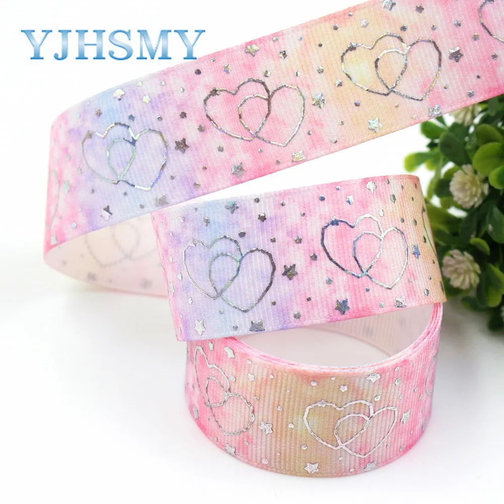 YJHSMY I-19326-787 25mm 10yards laser Silver cute cartoon love Printed grosgrain ribbon DIY handmade headdres wedding gift wrap