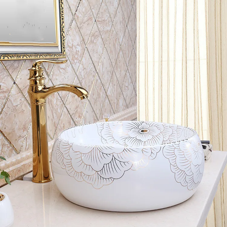 

Jingdezhen Bathroom ceramic sink wash basin Porcelain Counter Top Wash Basin Bathroom Sinks vessel sink peony pattern round