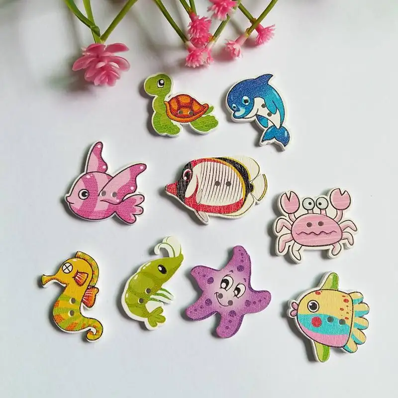 50pcs Marine Animal Series Style Wooden Button Mixed Pattern Wood Buttons Sewing Accessories For Kid Clothes DIY Handmade Craft