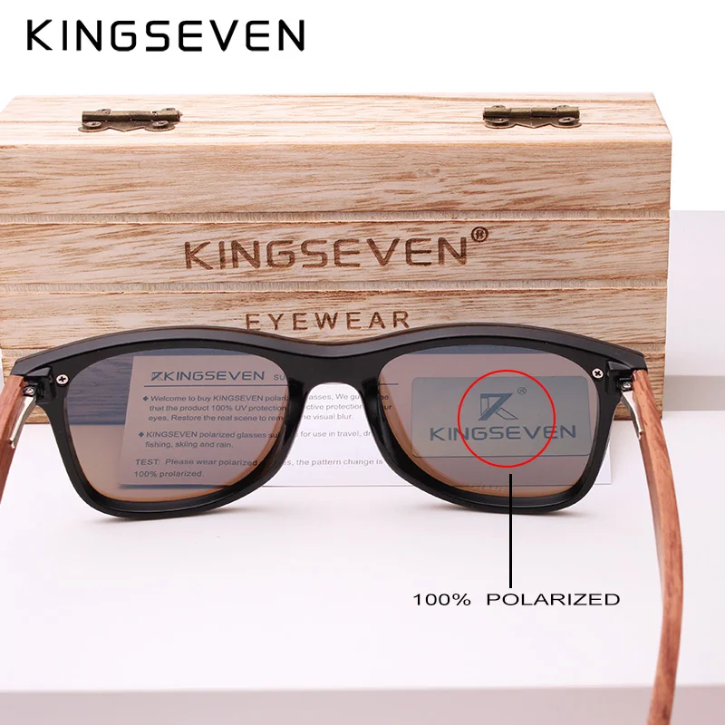 KINGSEVEN Polarized UV400 Vintage Sunglasses For Men Brand Wooden Flat Lens Square Frame Women Eye Protection Oculos Eyewear