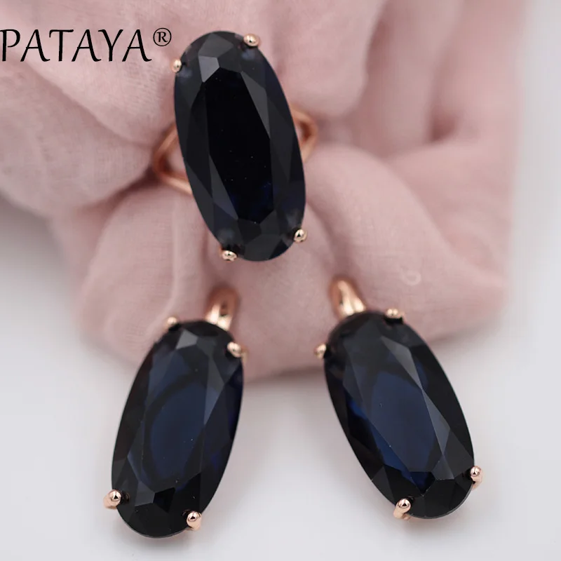 PATAYA New Fine Jewelry Set For Women Fashion Wedding 585 Rose Gold Color Oval Artificial Cubic Zircon Blue Earrings Rings Sets