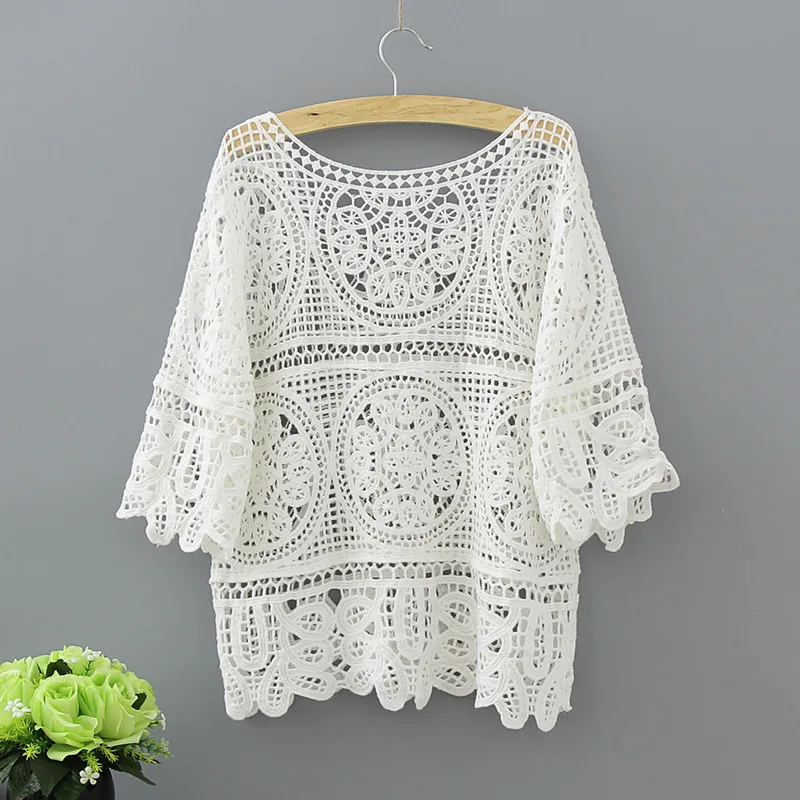 Hollow Out White Blouse Fashion 2020 Summer Crochet Lace Tops Women Transparent Casual Loose Sexy Blouses Womens Clothing 1809