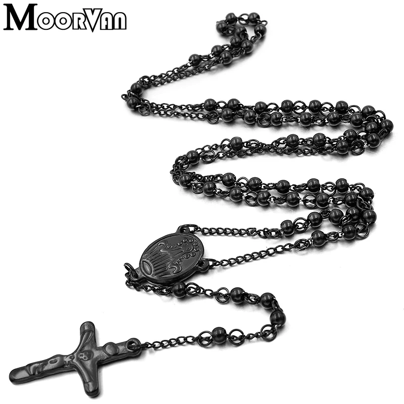 Moorvan 65cm long necklace women stainless steel necklace rosary religious beads jewelry with pray cross mens VRN24