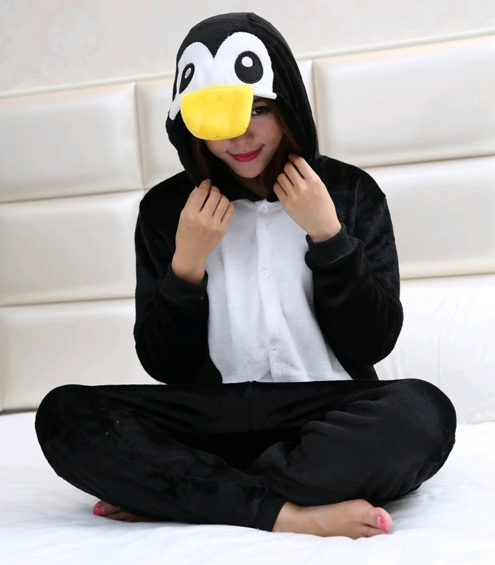 Black Penguin Flannel Pajamas Unisex Adult Onesies Cosplay Costumes Children Animal Sleepwear Party Clothing New Year Xmas Gift