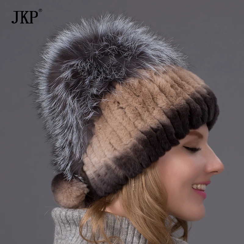 Winter Rex Rabbit Fur Hat For Women With Fox Fur Pom Poms Top Knitted Beanies Fur Hats New Brand Causal Good Quality Cap THY-02