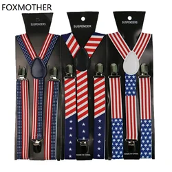 1inch wide USA America Flag Pattern Suspender Unisex Clip-on Star Braces Elastic Slim Suspenders Mens Womens