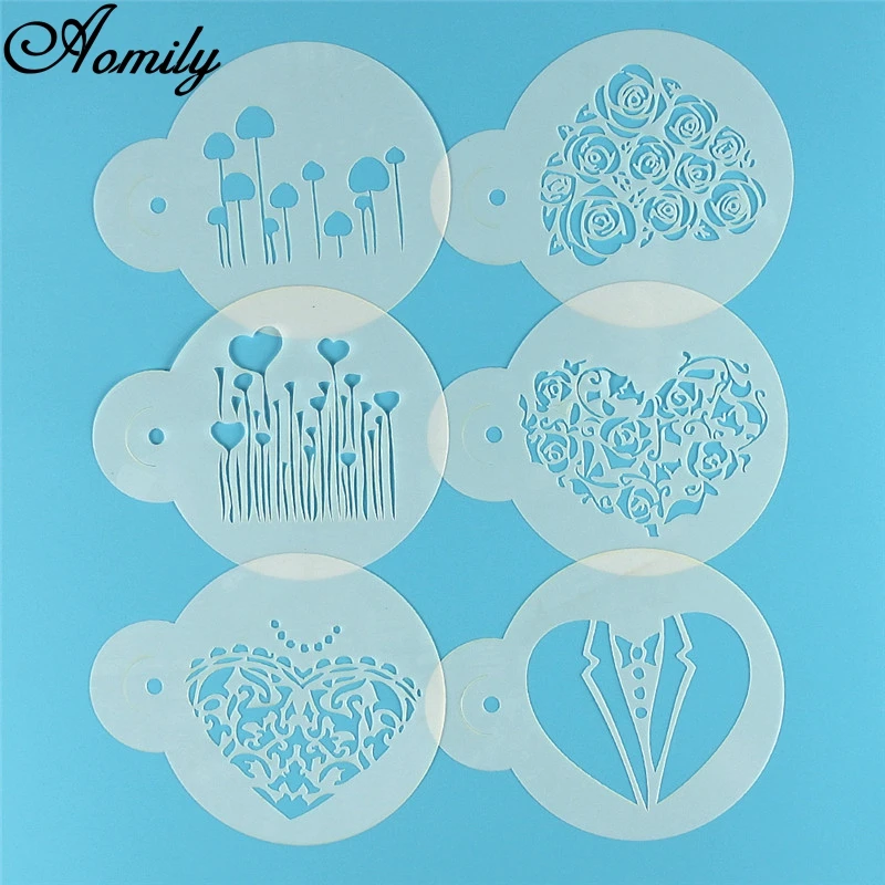 Aomily 6pcs/Set Valentine\'s Day DIY Cake Stencils Airbrush Painting Art Molds Fondant Decorating Tools Coffee Espresso Stencils