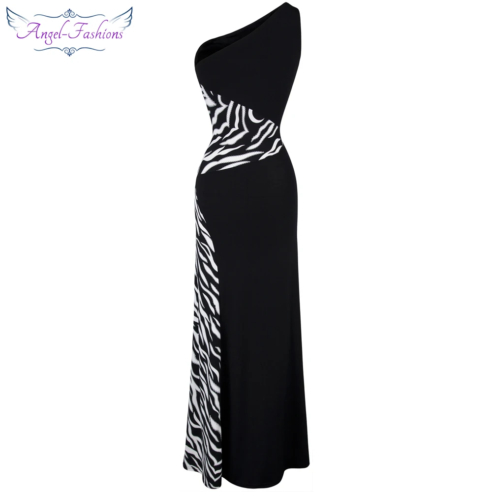 Angel-fashions One Shoulder Zebra Gemstones Stitching Evening Dress Black Ballkleid 072 480