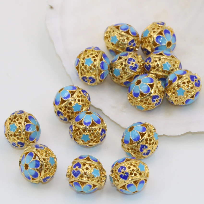 Top quality round ball hollow carved enamel cloisonne 13*14mm 5pcs gold-color spacers accessories beads fashion jewelry B2515