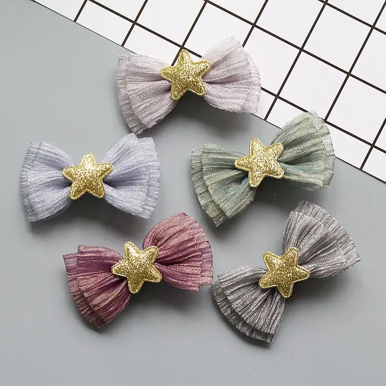 Boutique 50pcs Fashion Cute Glitter Star Hair Bow Hairpins Solid Kawaii Mini Gauze Bowknot Hair Clips Headwear Hair Accessories