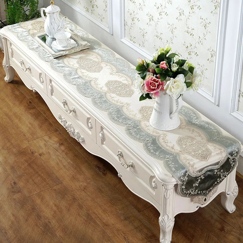 

Embroidered Lace Table Runner TV Bench Stand End Table Cover Decoration 40 x 150 180 220 250cm White Champagne Green