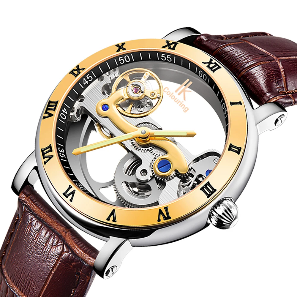 IK Coloring Male Clock Men's Mechanical Wrist Watch Bridge Leather Strap Skeleton Wristwatch Automatic reloj hombre