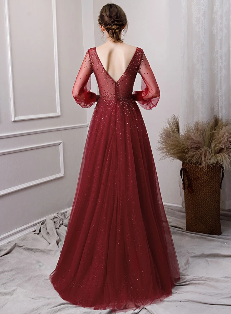 Luxe Avondjurken 2019 A-lijn Lange Mouwen Kralen Kristallen Dark Red Vrouwen Formele Party Prom Dress Robe de Soiree