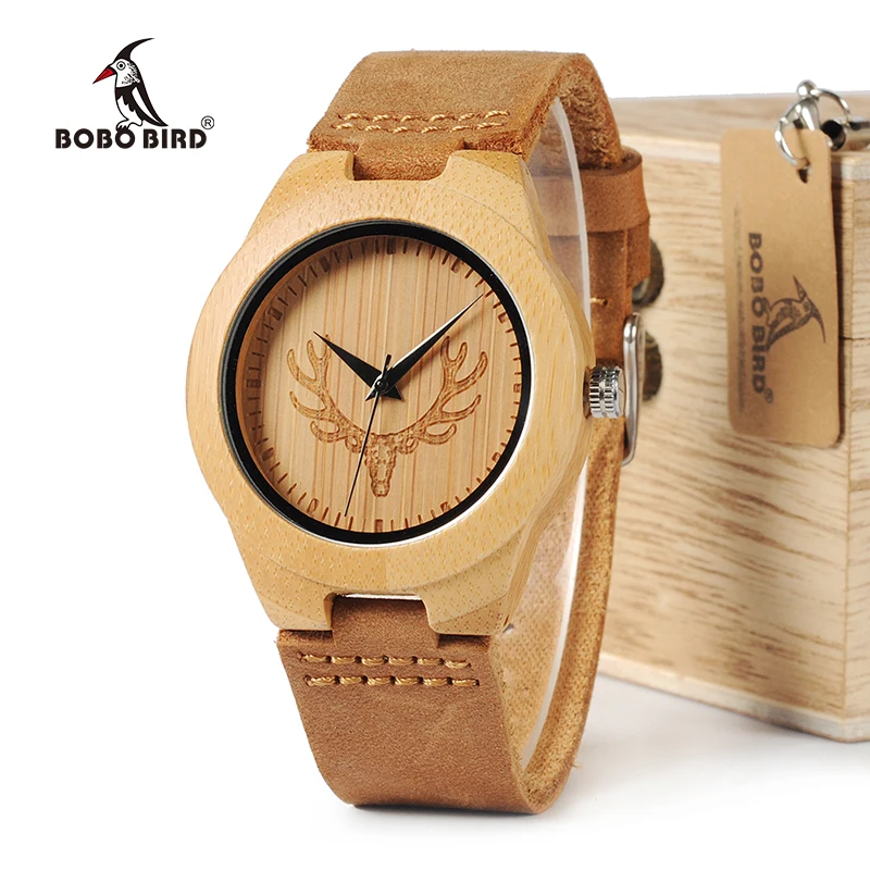 BOBO BIRD Mens Deer Head Design Buck Bamboo Wooden Watches Luxury Wood Watches With Soft Leather Strap for Men Women Custom Gift