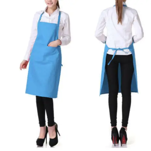 Thicken Cotton Polyester Blend Anti-wear Cooking Kitchen Bib Apron With Pockets Black Blue Green Red