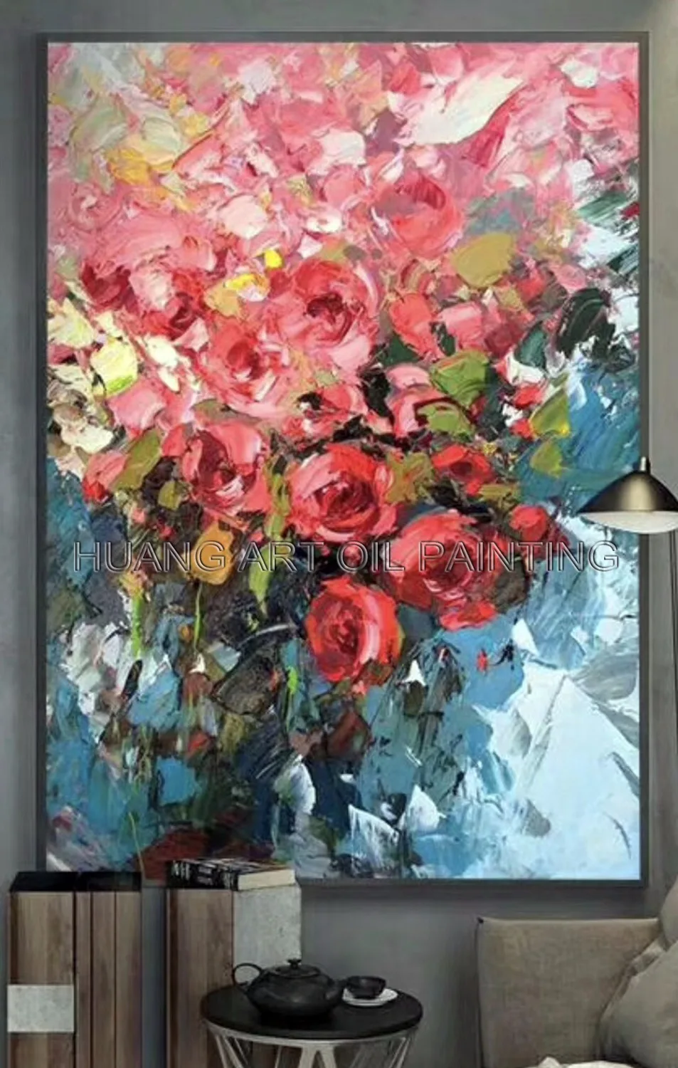 

Painter Handmade Oil Painting on Canvas Modern Knife Red Flower Wall Painting for Living Room Decor Beautiful Flower Paintings