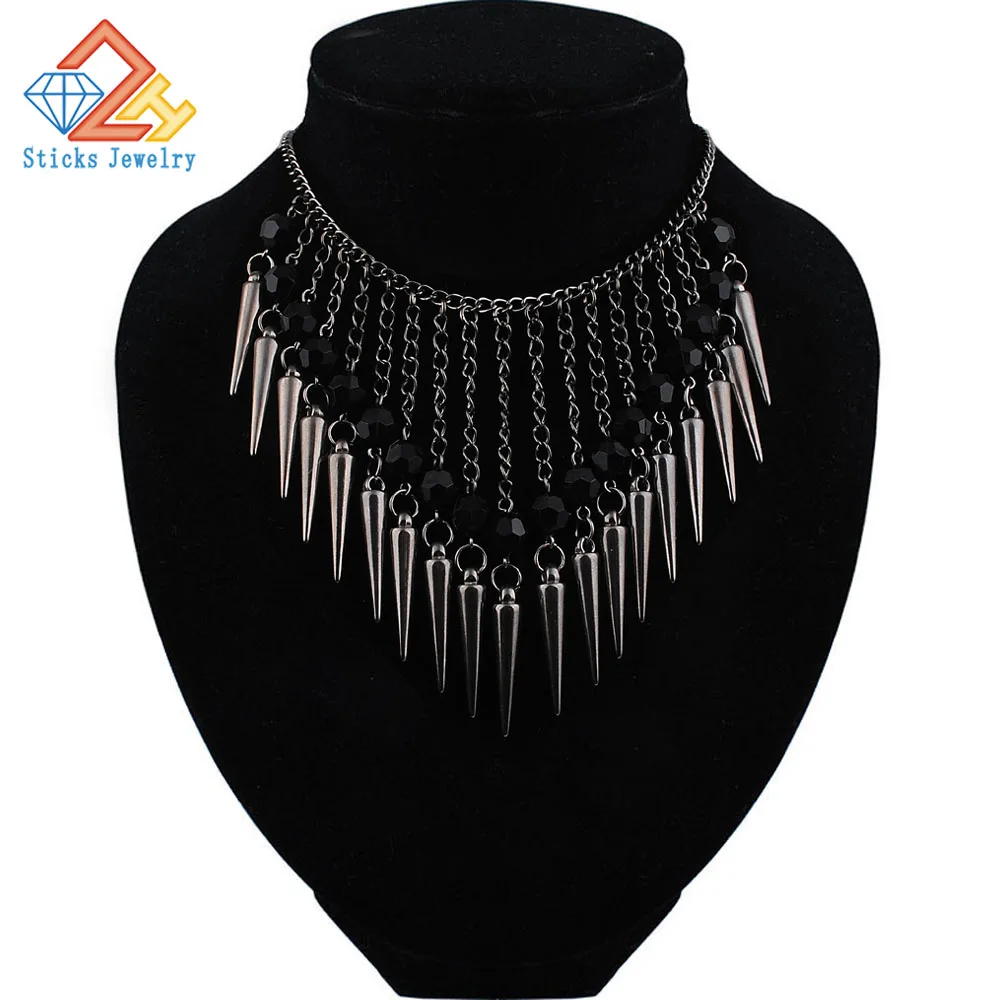 Summer Hot Trendy Necklace Dark Color Plated Chain Hanging Acrylic Beads Rivet Tassel Jewelry Accessories Women