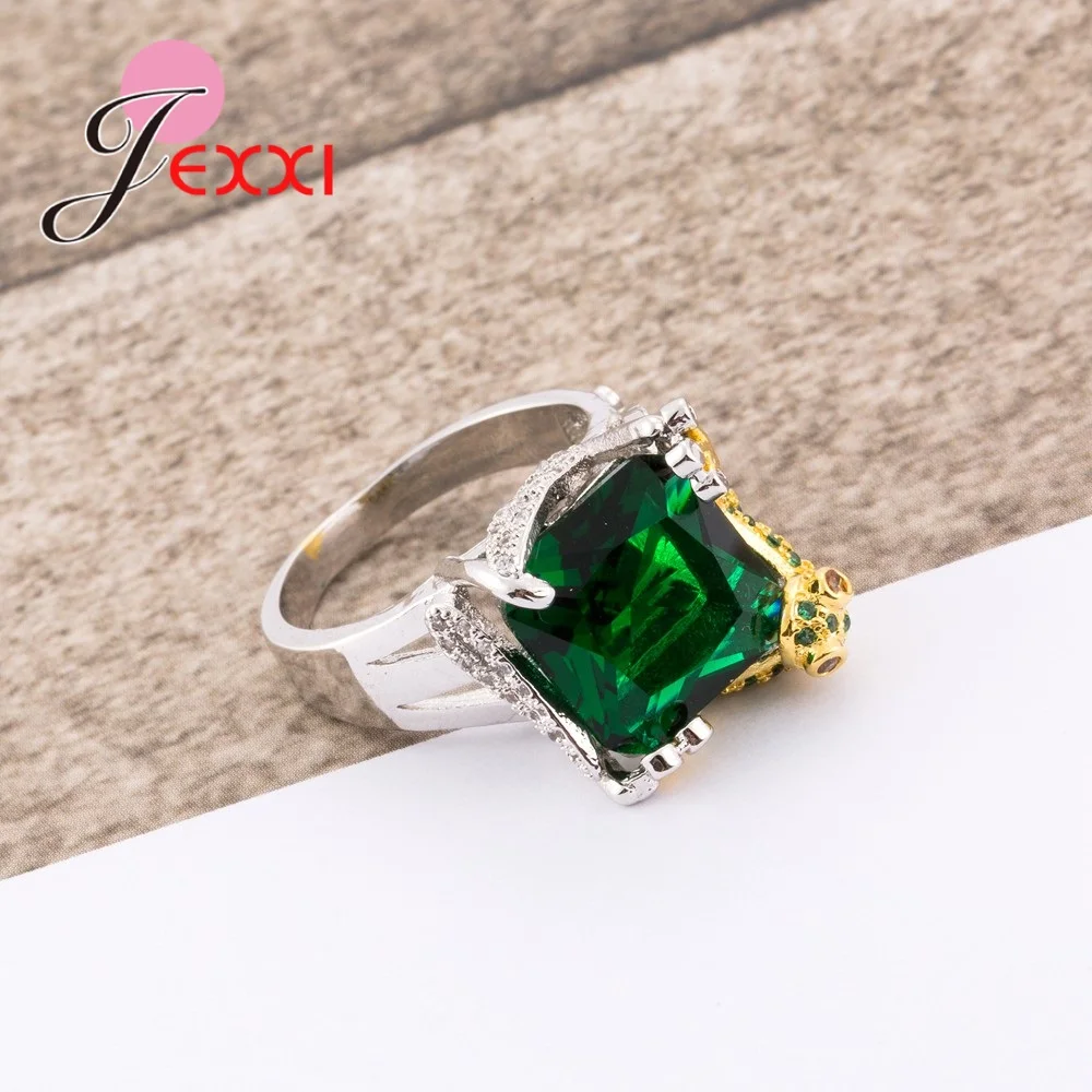 Anillo de Plata de Ley 925 con forma de rana dorada para mujer, sortija geométrica de alta calidad con cristal verde cuadrado, joyería de fiesta