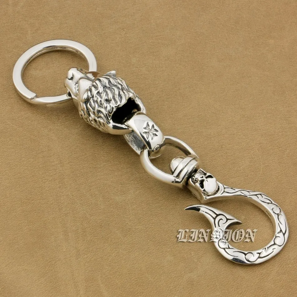 Huge Heavy 925 Sterling Silver Skull Hook Lion Mens Biker Rocker Punk Keychain Belt Clip 9T020