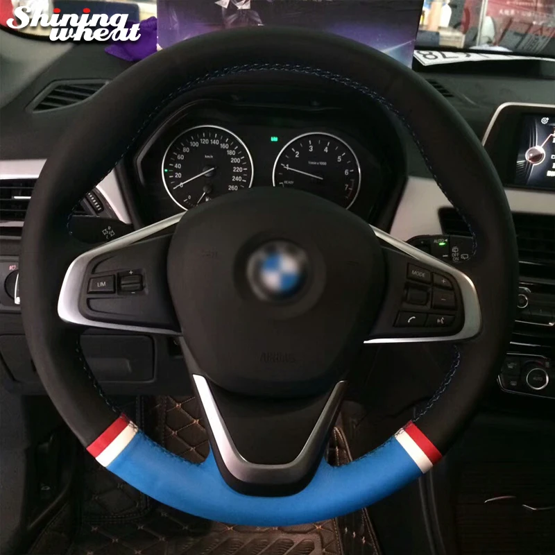 

Shining wheat Black Blue Genuine Leather Car Steering Wheel Cover for BMW X1 220i 218i 225xe