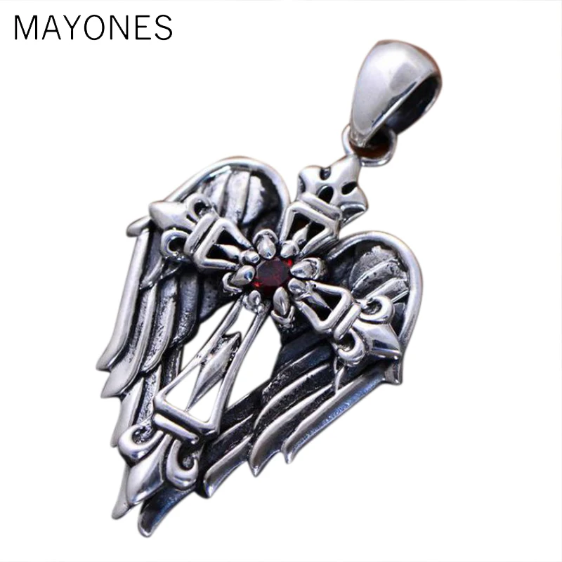 MAYONES Real 925 Sterling Silver Vintage Cross Pendant With Angel Wings Male Christian Jewelry Inlaid Natural Garnet Stone