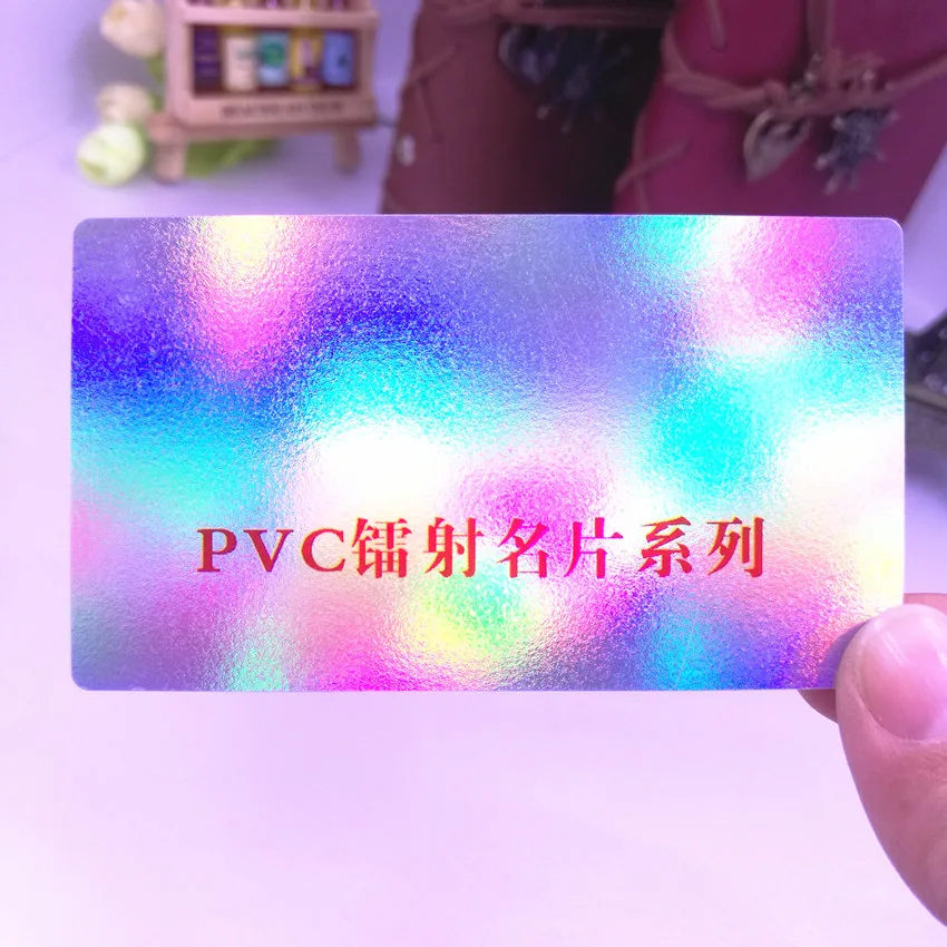 Tarjeta de agradecimiento de plástico fino con su nombre para negocios, impresión personalizada de PVC holográfico plateado, diseño profesional de