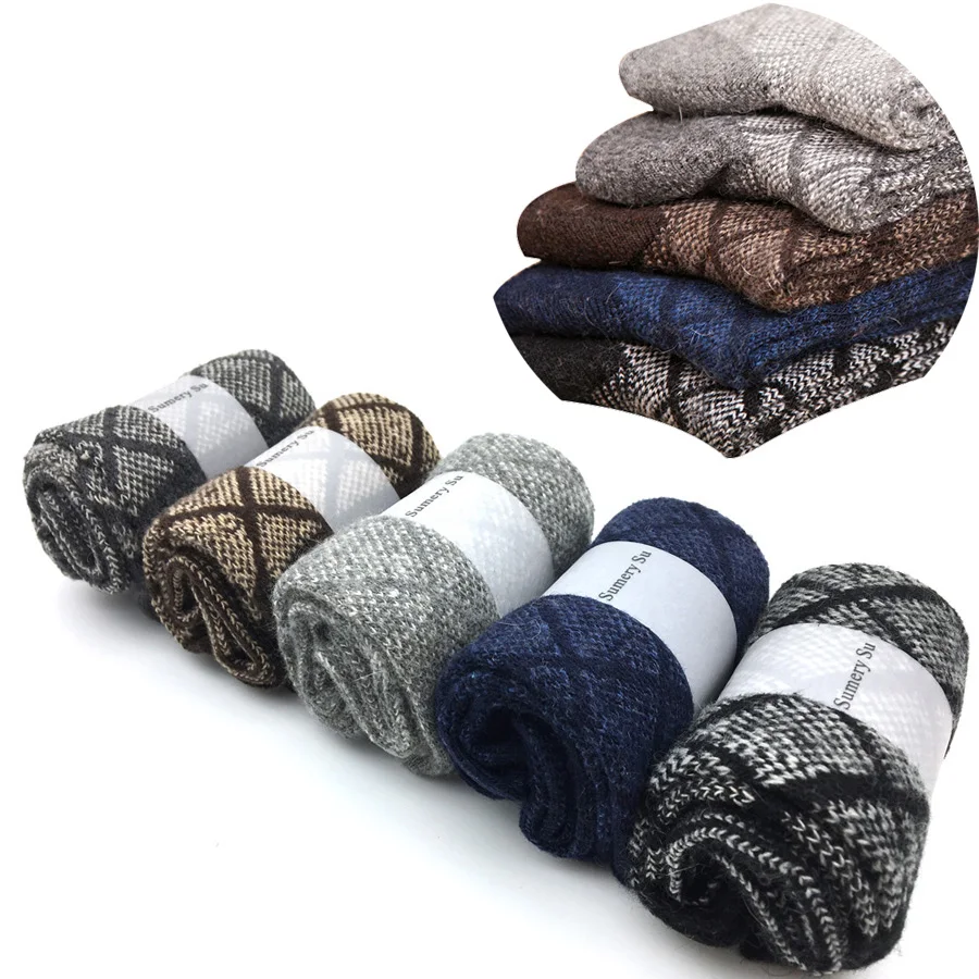 5 Pairs/Lot Wool Socks Men Winter Cashmere Warm Casual Sock Meias Rhombus Pattern Virtual point 3 Styles Gift Socks