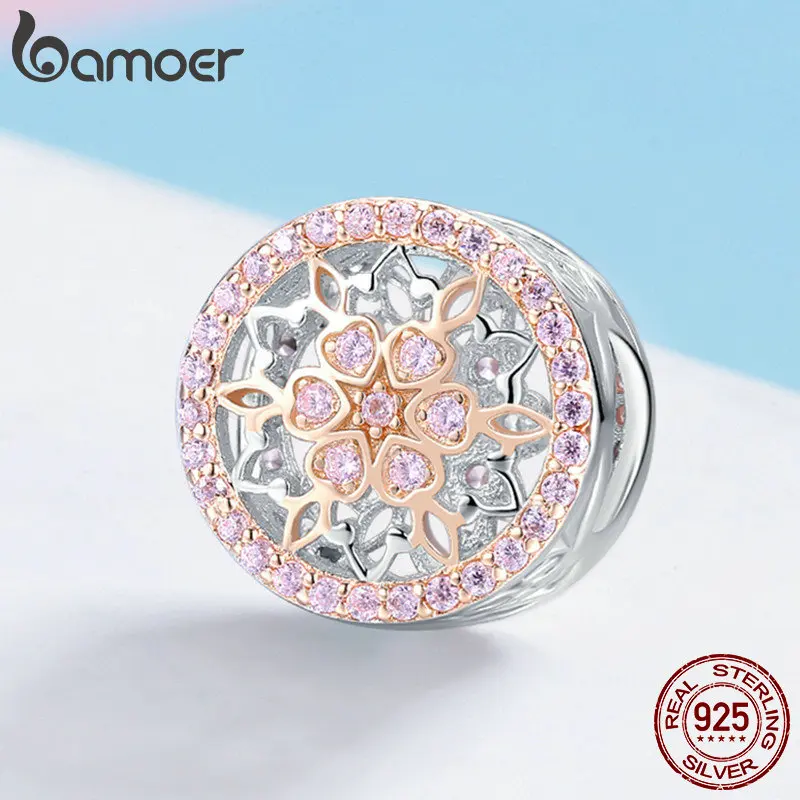 BAMOER Genuine 925 Sterling Silver Blooming Buds Clear Cubic Zircon Beads Charms fit Bracelets DIY Jewelry Making SCC923