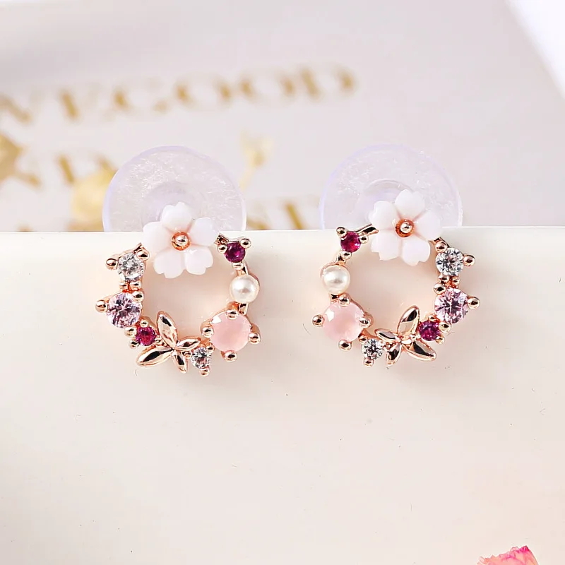 JIOFREE Elegant Korean Rhinestone Flower small Round Circle Clip Earrings Charm Pearl Wedding Party Jewelry Pendientes For Women
