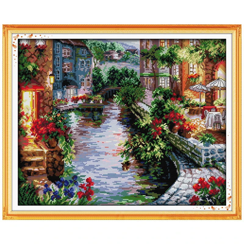 The Lakeside Houses Counted DMC Cross Stitch DIY 11CT 14CT 16CT Stamped Landscape Cross Stitch Kits for Embroidery Needlework