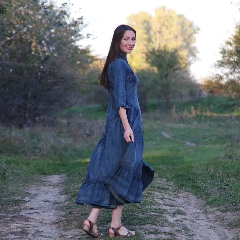 Dress Women 2018 Yuzi.may Boho New Denim Vestidos Three Quarter Sleeve a-Line Blue Women Vestido Elegant Vintage Denim Dresses