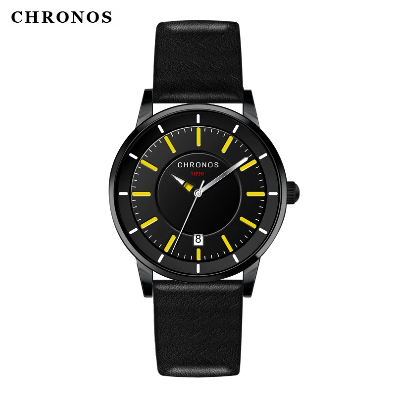 

CHRONOS New Fashion Sport Watches Waterproof Men's Watch Men Watch Auto Date Clock Leather Strap relogio masculino reloj hombre