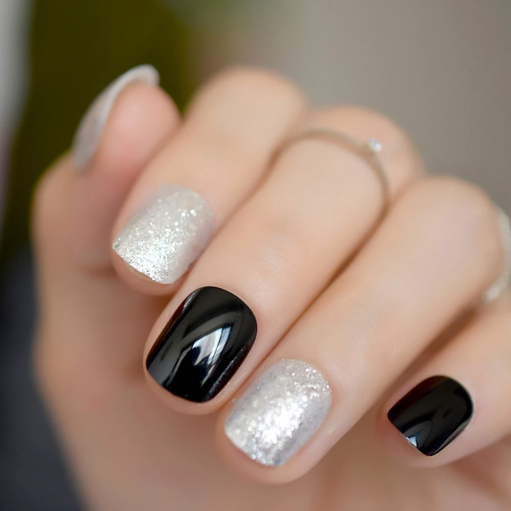 Sparkly Silver Glitter False Nails Short Classic Black Press On Fake Nails Full Cover Acrylic Bling Wear Nail Art Accessories image 2