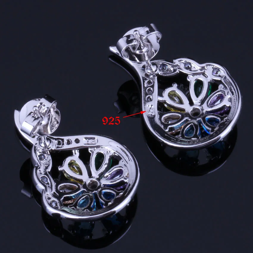 Flower Multigem Multicolor Cubic Zirconia Silver Plated Jewelry Sets Earrings Pendant Chain Ring V0319