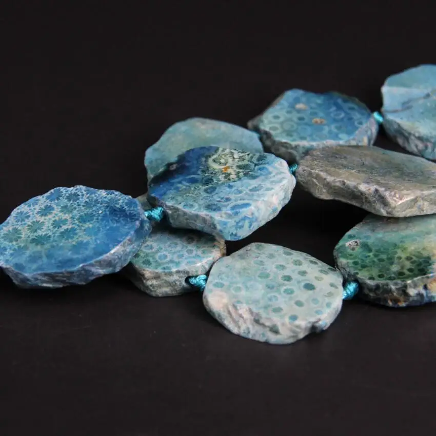 New!!! 9-10PCS/strand Blue Chrysanthemum Stone Raw Slab Nugget Beads,Ocean Coral Jades Fossils Agates Slice Pendants Jewelry