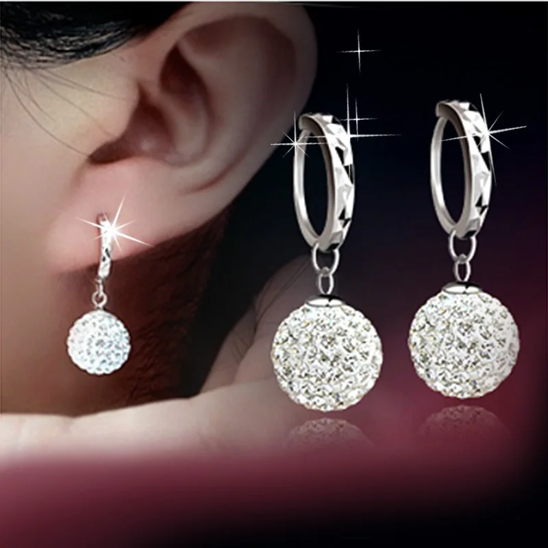 925 Silver Needle Fashion Shiny Crystal Shambhala Ball Ladies Drop Earrings Jewelry Women Birthday Gift Anti Allergy