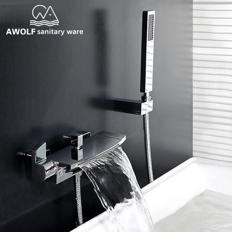 

Awolf Chrome Wall Mounted Bathroom Waterfall Bathtub Faucet Shower Mixer Tap Solid Brass Hot and Cold Black Shower Set ML8066