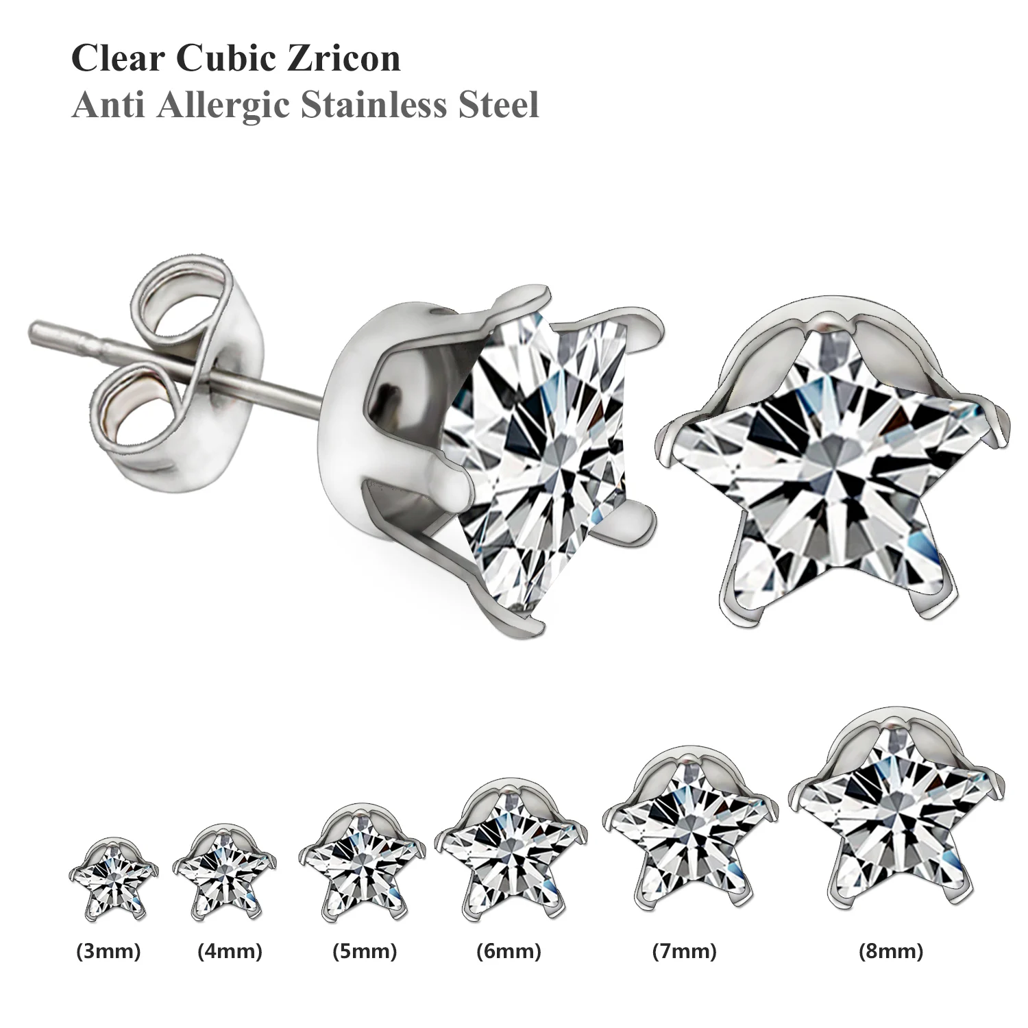 LUXUSTEEL Stud Earrings Shiny Star Crystal Earring Sets Stainless Steel 6Pairs/Box Push Back Jewelry Gift For Women/Girl