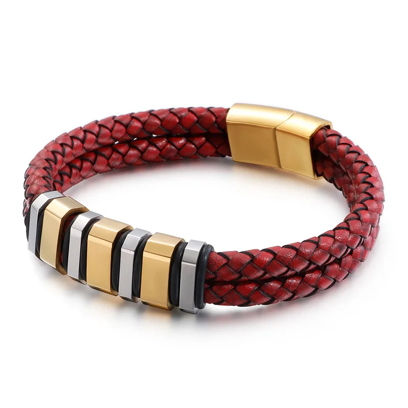 Men's Double Titanium Steel Corrugated Bracelet Handmade Multilayer Leather Bracelet