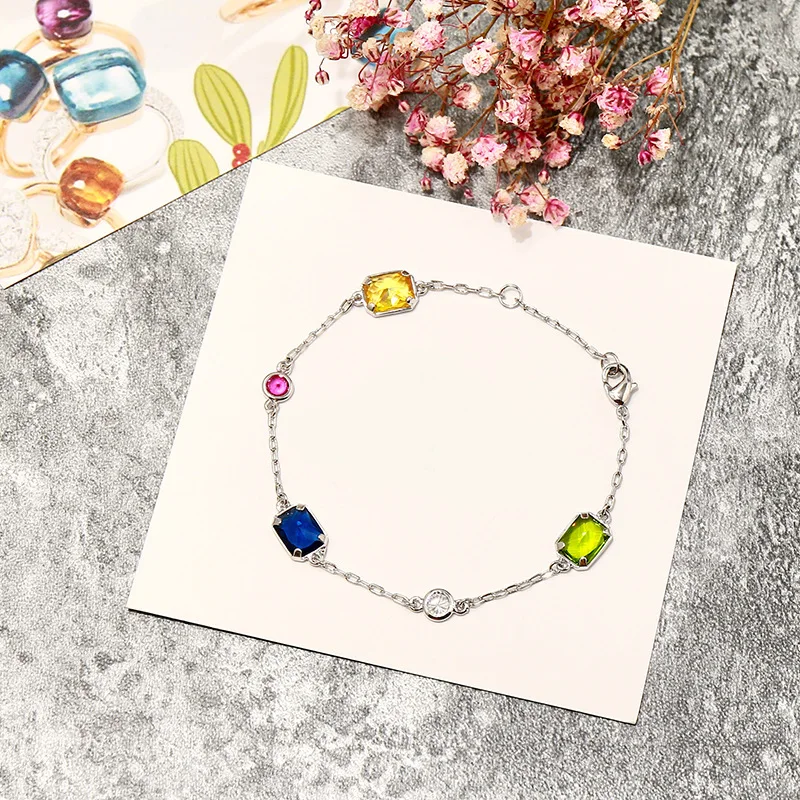 Top Quality Candy Style Bracelet 3 Gold Color Chain Attach Yellow Green Blue 3 Colors Square Crystal Charm Bracelet For Women