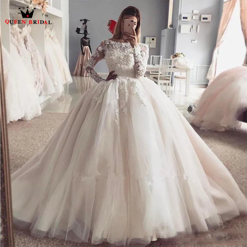 Vestido De Novia De manga larga con cuentas De encaje, traje De boda De lujo, tamaño grande, WS22