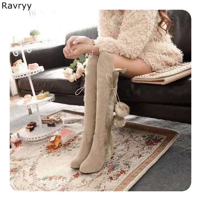 

2018 Woman Long Boots Suede Leather Warm Fur Plush rabbit hair knee-high Boots Autumn Winter Fashion Female Party Shoes