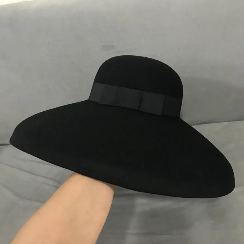 Styl retro Czarny czapka z czystej wełny Filc Floppy Kapelusz z szerokim rondem Kobiety Zimowy kapelusz Fedora Cloche Bowler Kapelusz Wstążka Impreza Ślubna Kapelusz kościelny