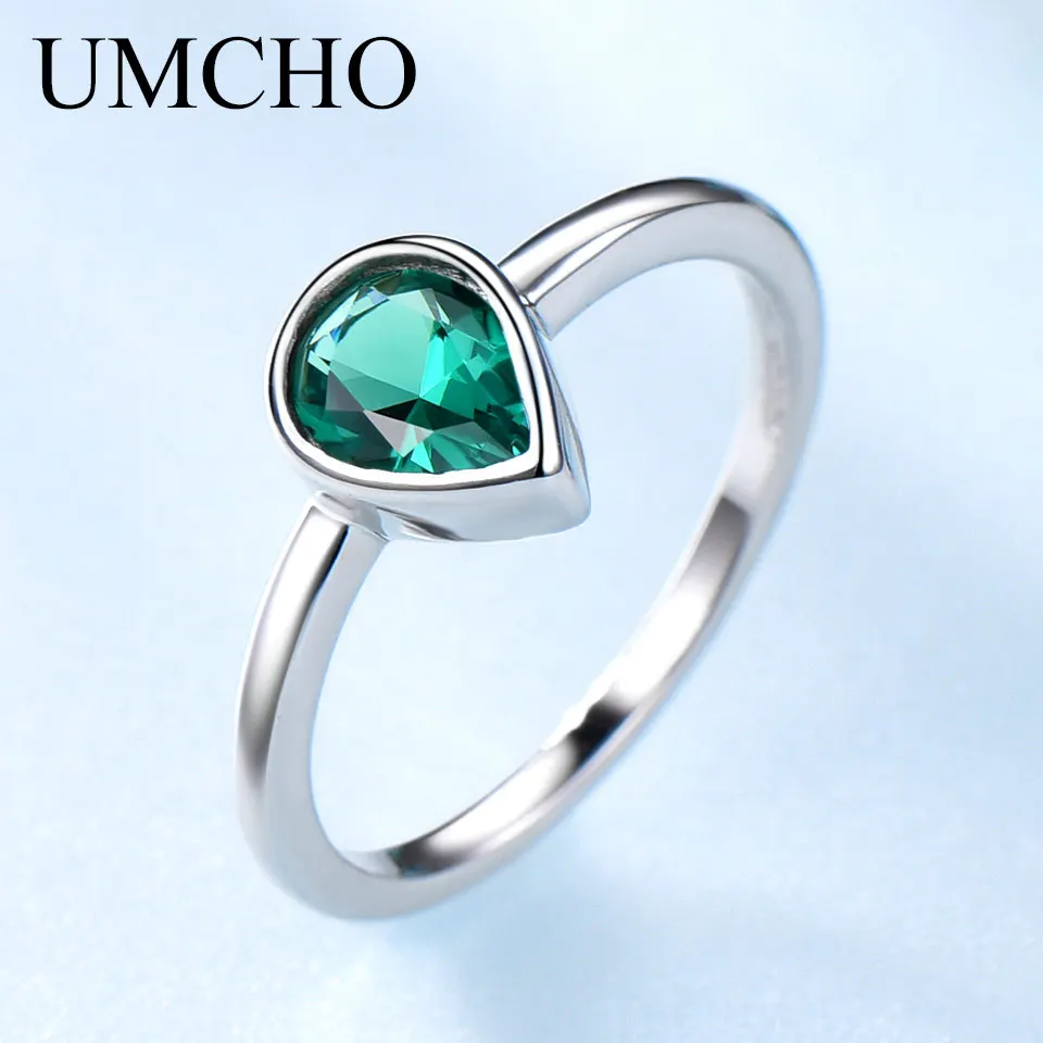 

UMCHO Solid 925 Sterling Silver Water Drop Created Emerald Colorful Gemstone Rings For Mother May Birthday Gift Fine Jewelry