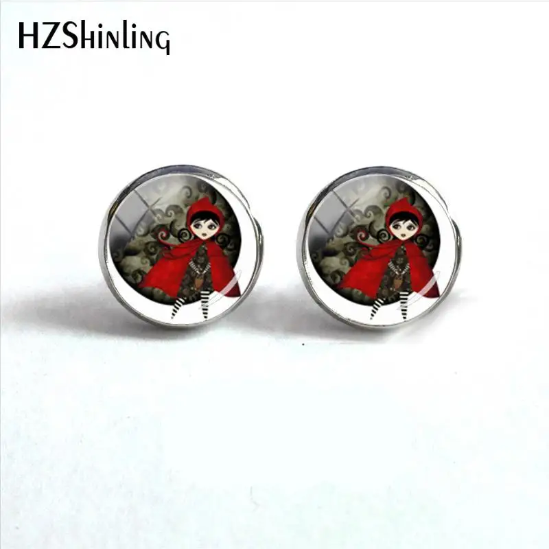 2018 New Whimsical Little Red Riding Hood Earring Girl And Wolf Ear Stud Round Glass Dome Earrings Color Photo Jewelry HZ4