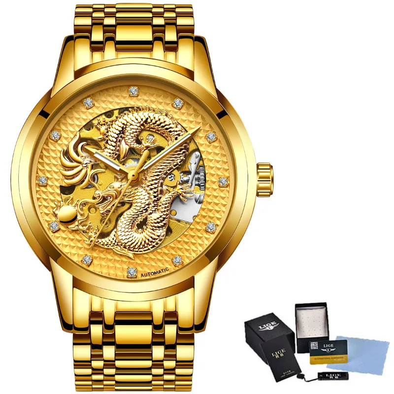 Top Brand LIGE Men's Automatic Mechanical Dragon Watch Watch All Gold Waterproof Stainless Steel Men's Watch Relogio Masculino